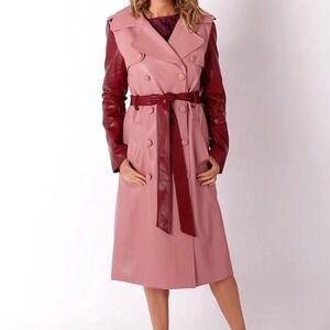 Hilary MacMillan Two-Tone‎ Trench Coat Sz 1X Pink Burgundy Faux Leather Belted